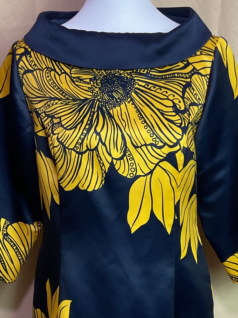 Ashro Navy Blue With Yellow Floral Print Vintage Dress - Picture 2 of 10
